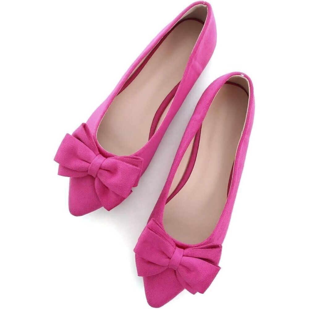 Women's Rose Pink Bowknot Ballet Flats Pointy Toe Casual Flat Shoes Suede